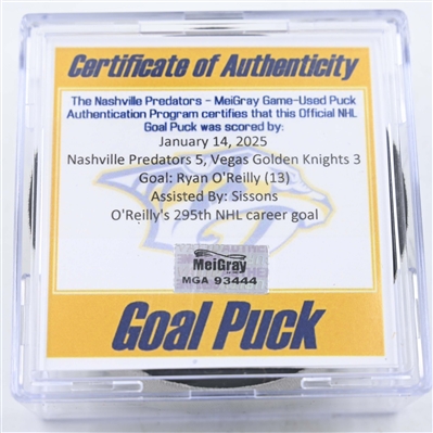 Ryan O'Reilly - Nashville Predators - Goal Puck - January 14, 2025 vs. Vegas Golden Knights (Predators Logo)