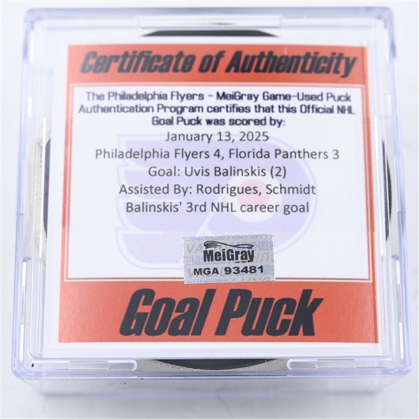 Uvis Balinskis - Florida Panthers - Goal Puck - January 13, 2025 vs. Philadelphia Flyers (Flyers Logo)