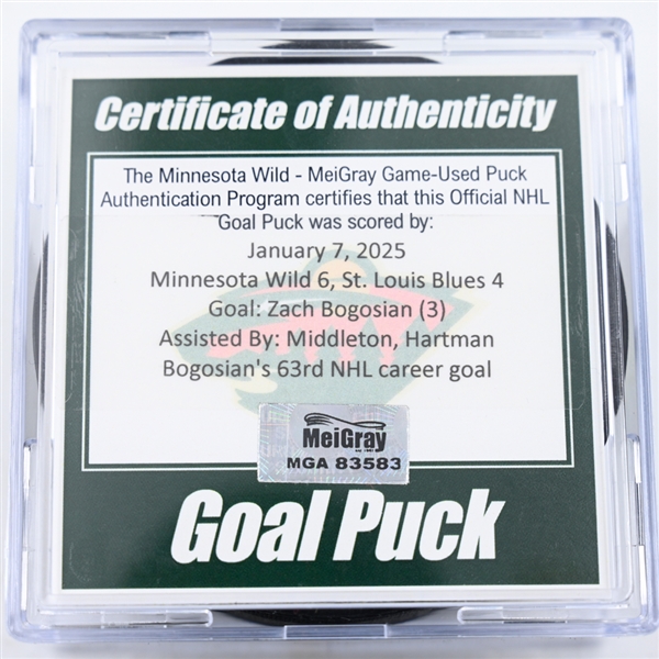 Zach Bogosian - Minnesota Wild - Goal Puck - January 7, 2025 vs. St. Louis Blues (Wild Logo)