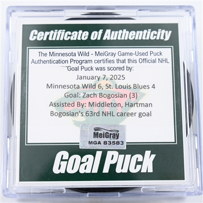 Zach Bogosian - Minnesota Wild - Goal Puck - January 7, 2025 vs. St. Louis Blues (Wild Logo)