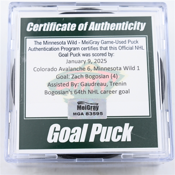 Zach Bogosian - Minnesota Wild - Goal Puck - January 9, 2025 vs. Colorado Avalanche (Wild Logo)