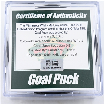 Zach Bogosian - Minnesota Wild - Goal Puck - January 9, 2025 vs. Colorado Avalanche (Wild Logo)