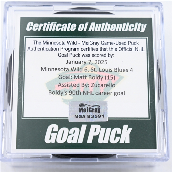 Matt Boldy - Minnesota Wild - Goal Puck - January 7, 2025 vs. St. Louis Blues (Wild Logo)