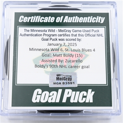 Matt Boldy - Minnesota Wild - Goal Puck - January 7, 2025 vs. St. Louis Blues (Wild Logo)