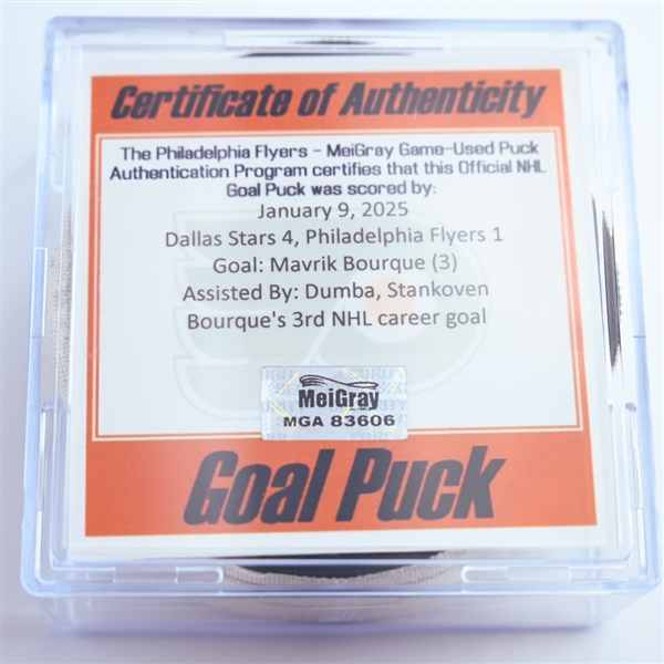 Mavrik Bourque - Dallas Stars - Goal Puck - January 9, 2025 vs. Philadelphia Flyers (Flyers Logo)
