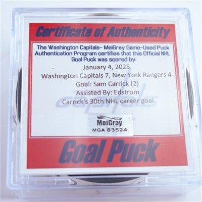 Sam Carrick - New York Rangers - Goal Puck - January 4, 2025 vs. Washington Capitals (Capitals 50th Anniversary Logo)