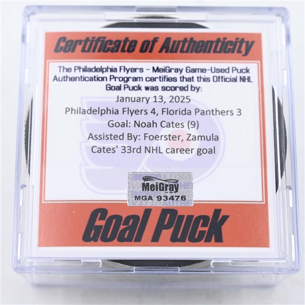 Noah Cates - Philadelphia Flyers - Goal Puck - January 13, 2025 vs. Florida Panthers (Flyers Logo)