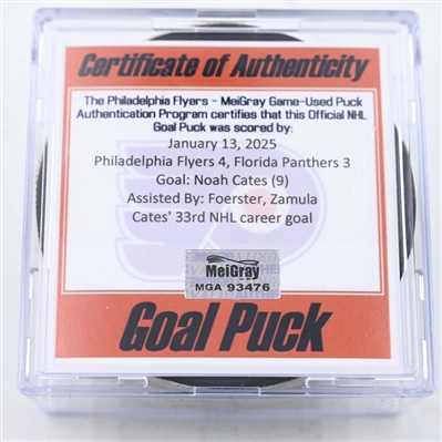 Noah Cates - Philadelphia Flyers - Goal Puck - January 13, 2025 vs. Florida Panthers (Flyers Logo)