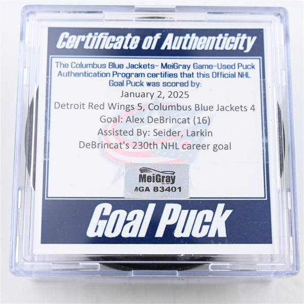 Alex DeBrincat - Detroit Red Wings - Goal Puck - January 2, 2025 vs. Columbus Blue Jackets (Blue Jackets Logo)