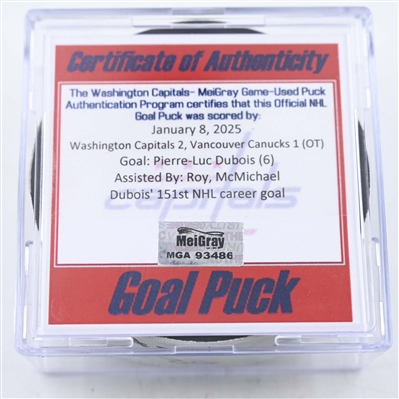Pierre-Luc Dubois - Washington Capitals - Goal Puck - January 8, 2025 vs. Vancouver Canucks (Capitals' 50th Anniversary Logo)