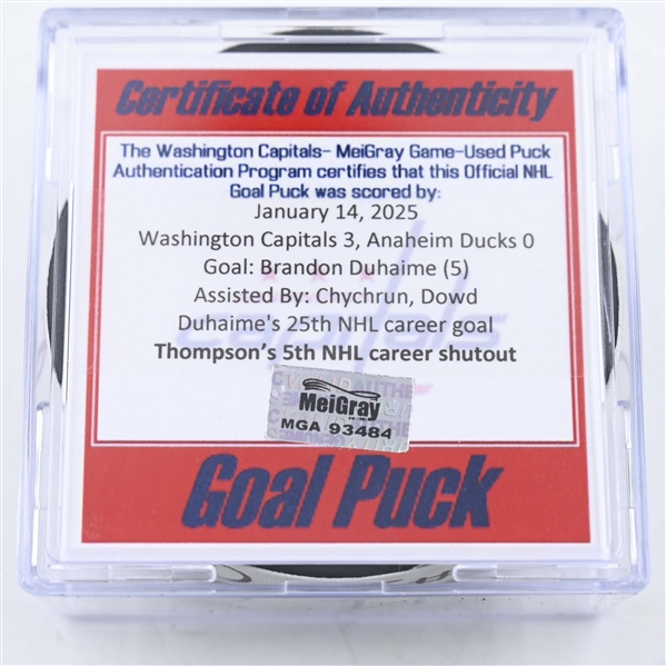 Brandon Duhaime - Washington Capitals - Goal Puck - January 14, 2025 vs. Anaheim Ducks (Capitals 50th Anniversary Logo)