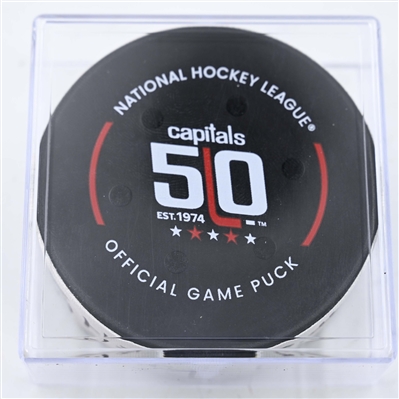 Brandon Duhaime - Washington Capitals - Goal Puck - January 14, 2025 vs. Anaheim Ducks (Capitals' 50th Anniversary Logo)