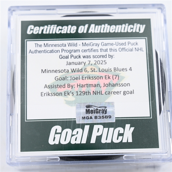 Joel Eriksson Ek - Minnesota Wild - Goal Puck - January 7, 2025 vs. St. Louis Blues (Wild Logo)
