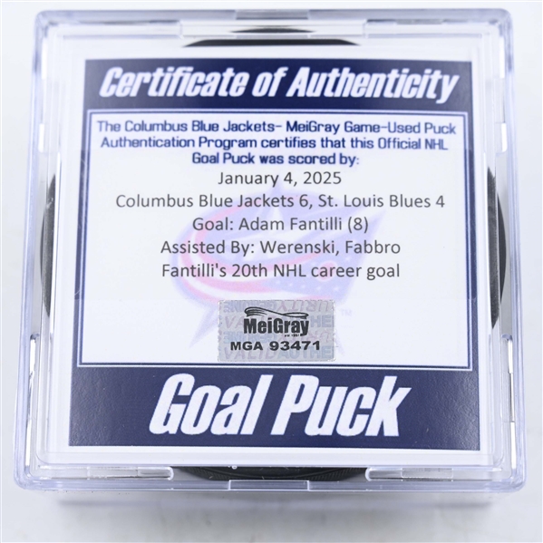 Adam Fantilli - Columbus Blue Jackets - Goal Puck - January 4, 2025 vs. St. Louis Blues (Blue Jackets Logo)