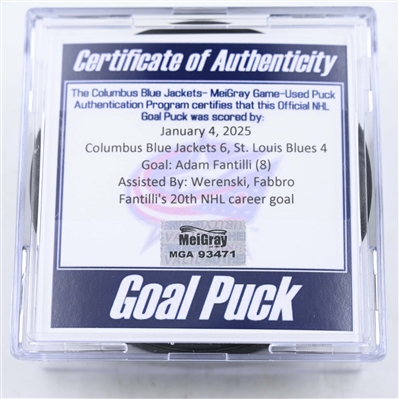Adam Fantilli - Columbus Blue Jackets - Goal Puck - January 4, 2025 vs. St. Louis Blues (Blue Jackets Logo)