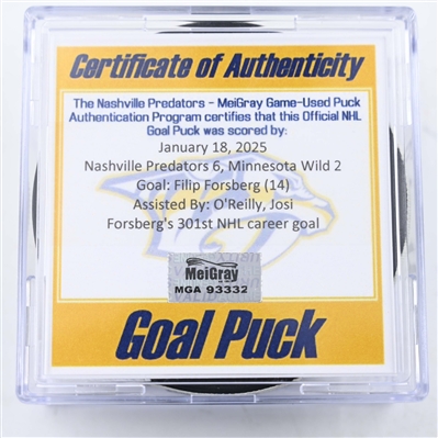Filip Forsberg - Nashville Predators - Goal Puck - January 18, 2025 vs. Minnesota Wild (Predators Logo)