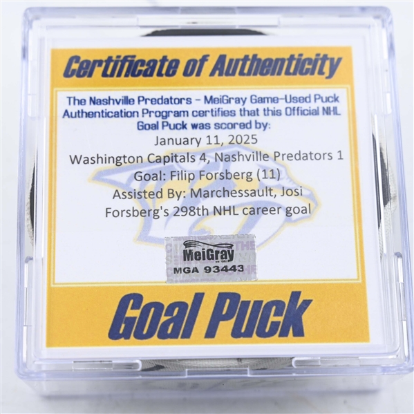 Filip Forsberg - Nashville Predators - Goal Puck - January 11, 2025 vs. Washington Capitals (Predators Logo)