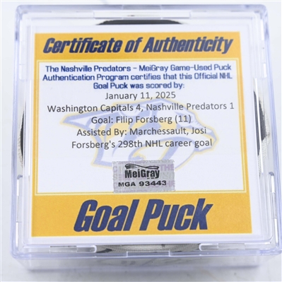 Filip Forsberg - Nashville Predators - Goal Puck - January 11, 2025 vs. Washington Capitals (Predators Logo)