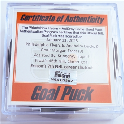 Morgan Frost - Philadelphia Flyers - Goal Puck - January 11, 2025 vs. Anaheim Ducks (Flyers Logo)