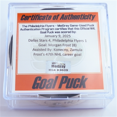 Morgan Frost - Philadelphia Flyers - Goal Puck - January 9, 2025 vs. Dallas Stars (Flyers Logo)
