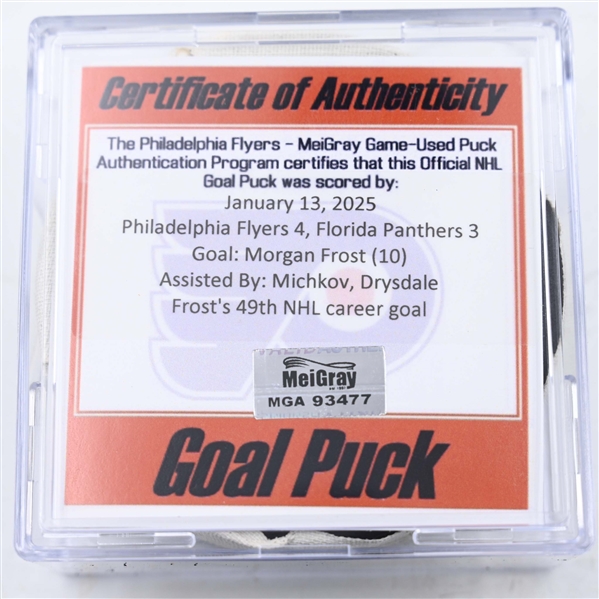 Morgan Frost - Philadelphia Flyers - Goal Puck - January 13, 2025 vs. Florida Panthers (Flyers Logo)