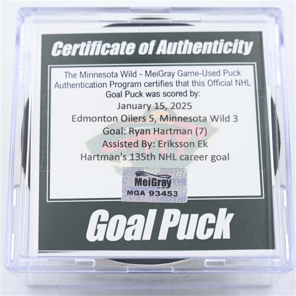 Ryan Hartman - Minnesota Wild - Goal Puck - January 15, 2025 vs. Edmonton Oilers (Wild Logo)