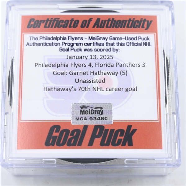 Garnet Hathaway - Philadelphia Flyers - Goal Puck - January 13, 2025 vs. Florida Panthers (Flyers Logo)