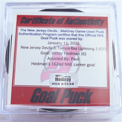Victor Hedman - Tampa Bay Lightning - Goal Puck - January 11, 2025 vs. New Jersey Devils (Devils Logo)