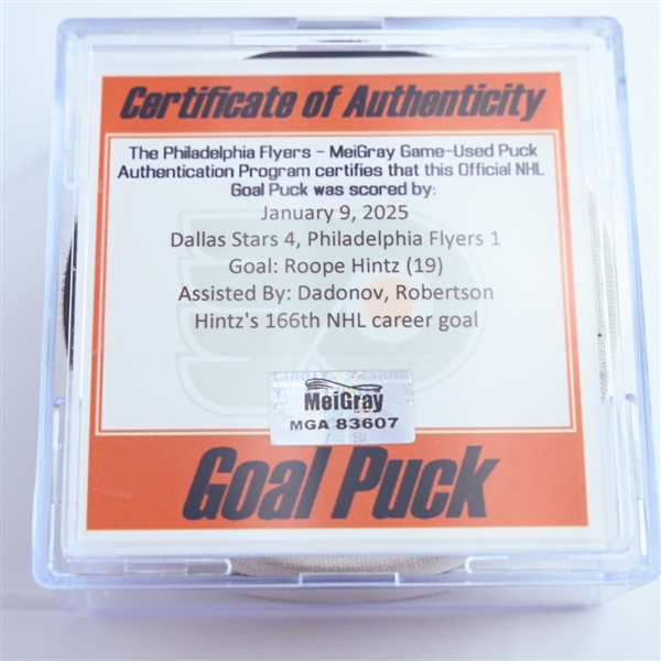 Roope Hintz - Dallas Stars - Goal Puck - January 9, 2025 vs. Philadelphia Flyers (Flyers Logo)