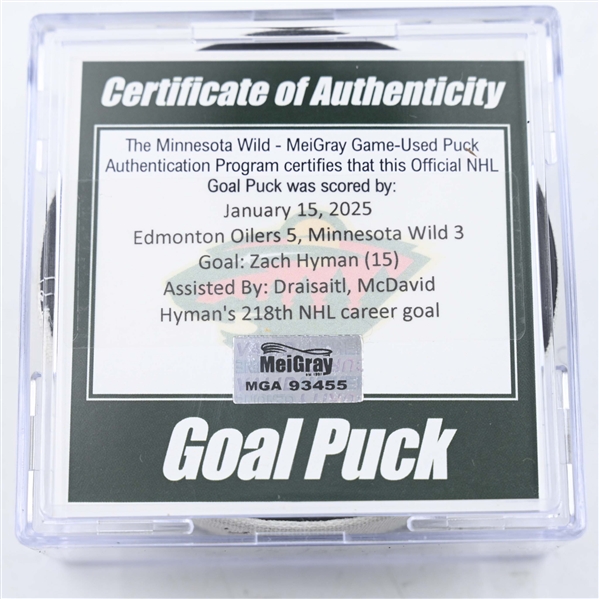 Zach Hyman - Edmonton Oilers - Goal Puck - January 15, 2025 vs. Minnesota Wild (Wild Logo)