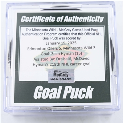Zach Hyman - Edmonton Oilers - Goal Puck - January 15, 2025 vs. Minnesota Wild (Wild Logo)