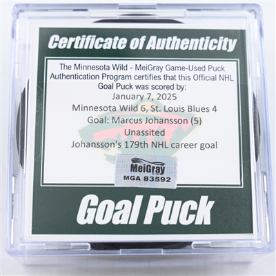 Marcus Johansson - Minnesota Wild - Goal Puck - January 7, 2025 vs. St. Louis Blues (Wild Logo)