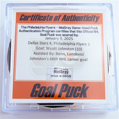 Wyatt Johnston - Dallas Stars - Goal Puck - January 9, 2025 vs. Philadelphia Flyers (Flyers Logo)