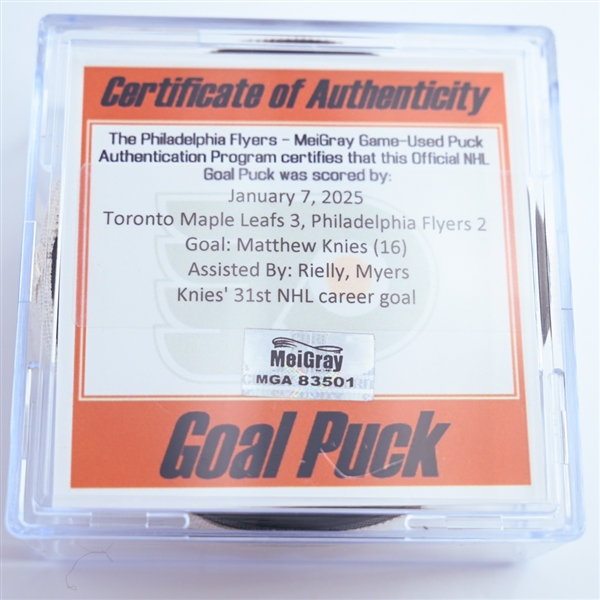 Matthew Knies - Toronto Maple Leafs - Goal Puck - January 7, 2025 vs. Philadelphia Flyers (Flyers Logo)