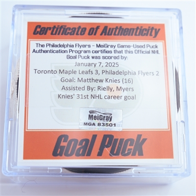 Matthew Knies - Toronto Maple Leafs - Goal Puck - January 7, 2025 vs. Philadelphia Flyers (Flyers Logo)