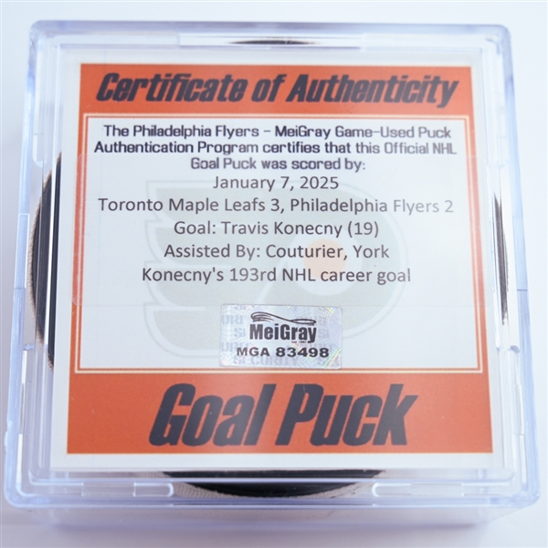 Travis Konecny - Philadelphia Flyers - Goal Puck - January 7, 2025 vs. Toronto Maple Leafs (Flyers Logo)