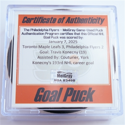 Travis Konecny - Philadelphia Flyers - Goal Puck - January 7, 2025 vs. Toronto Maple Leafs (Flyers Logo)