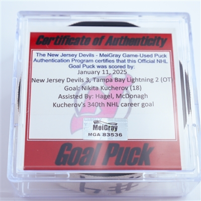 Nikita Kucherov - Tampa Bay Lightning - Goal Puck - January 11, 2025 vs. New Jersey Devils (Devils Logo)