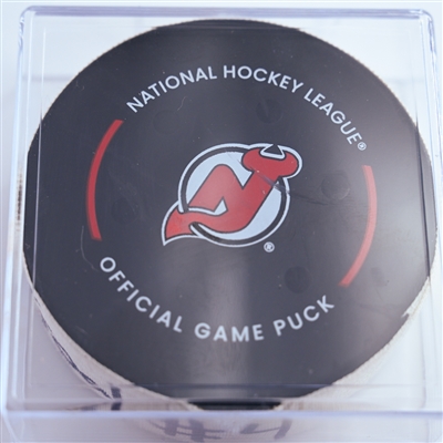 Nikita Kucherov - Tampa Bay Lightning - Goal Puck - January 11, 2025 vs. New Jersey Devils (Devils Logo)