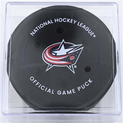 Jordan Kyrou - St. Louis Blues - Goal Puck - January 4, 2025 vs. Columbus Blue Jackets (Blue Jackets Logo)
