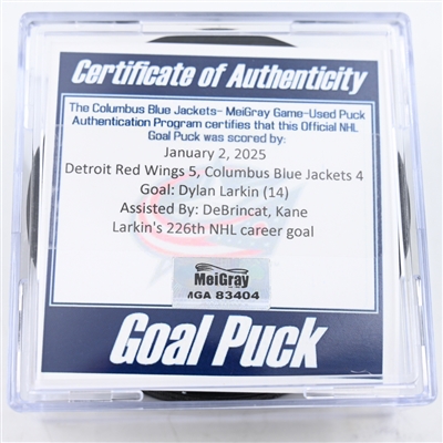 Dylan Larkin - Detroit Red Wings - Goal Puck - January 2, 2025 vs. Columbus Blue Jackets (Blue Jackets Logo)