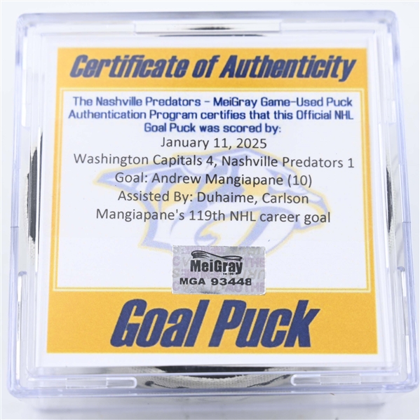 Andrew Mangiapane - Washington Capitals - Goal Puck - January 11, 2025 vs. Nashville Predators (Predators Logo)