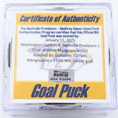 Andrew Mangiapane - Washington Capitals - Goal Puck - January 11, 2025 vs. Nashville Predators (Predators Logo)