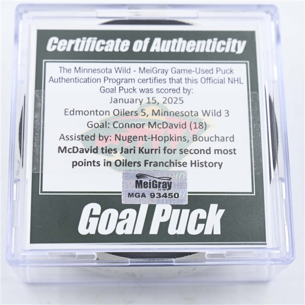 Connor McDavid - Edmonton Oilers - Goal Puck - January 15, 2025 vs. Minnesota Wild (Wild Logo)