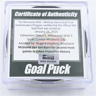 Connor McDavid - Edmonton Oilers - Goal Puck - January 15, 2025 vs. Minnesota Wild (Wild Logo)