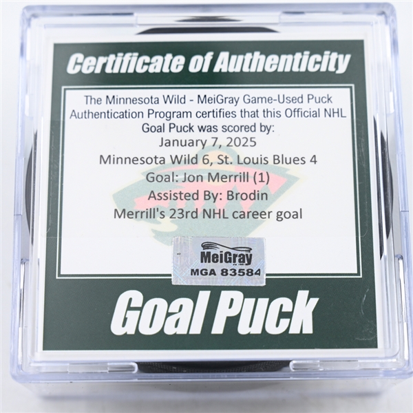 Jon Merrill - Minnesota Wild - Goal Puck - January 7, 2025 vs. St. Louis Blues (Wild Logo)