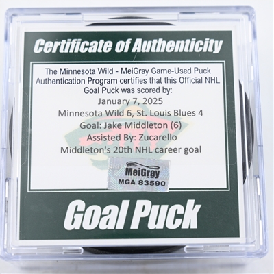 Jake Middleton - Minnesota Wild - Goal Puck - January 7, 2025 vs. St. Louis Blues (Wild Logo)