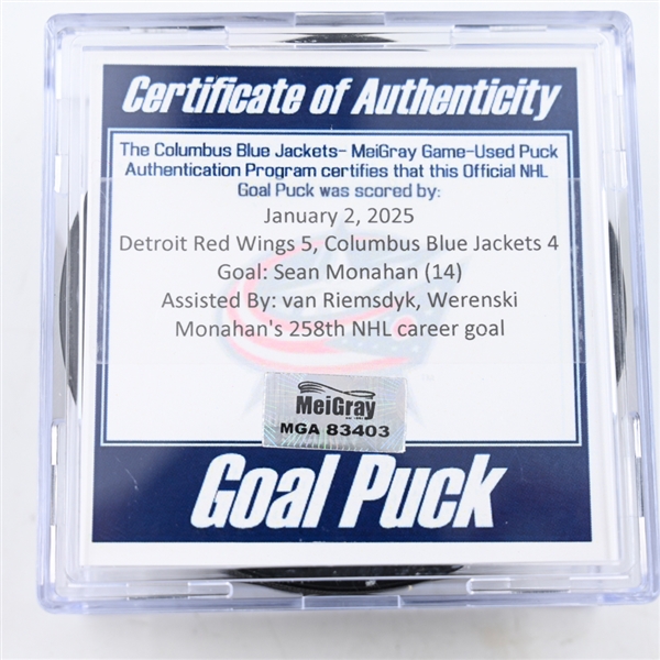 Sean Monahan - Columbus Blue Jackets - Goal Puck - January 2, 2025 vs. Detroit Red Wings (Blue Jackets Logo)