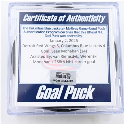 Sean Monahan - Columbus Blue Jackets - Goal Puck - January 2, 2025 vs. Detroit Red Wings (Blue Jackets Logo)