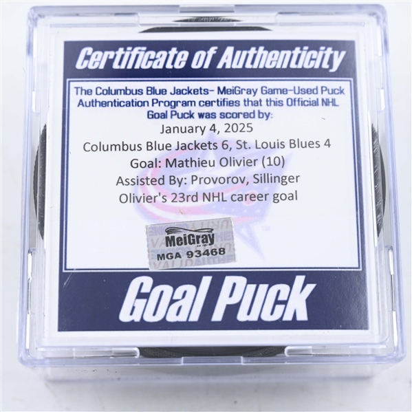 Mathieu Olivier - Columbus Blue Jackets - Goal Puck - January 4, 2025 vs. St. Louis Blues (Blue Jackets Logo)